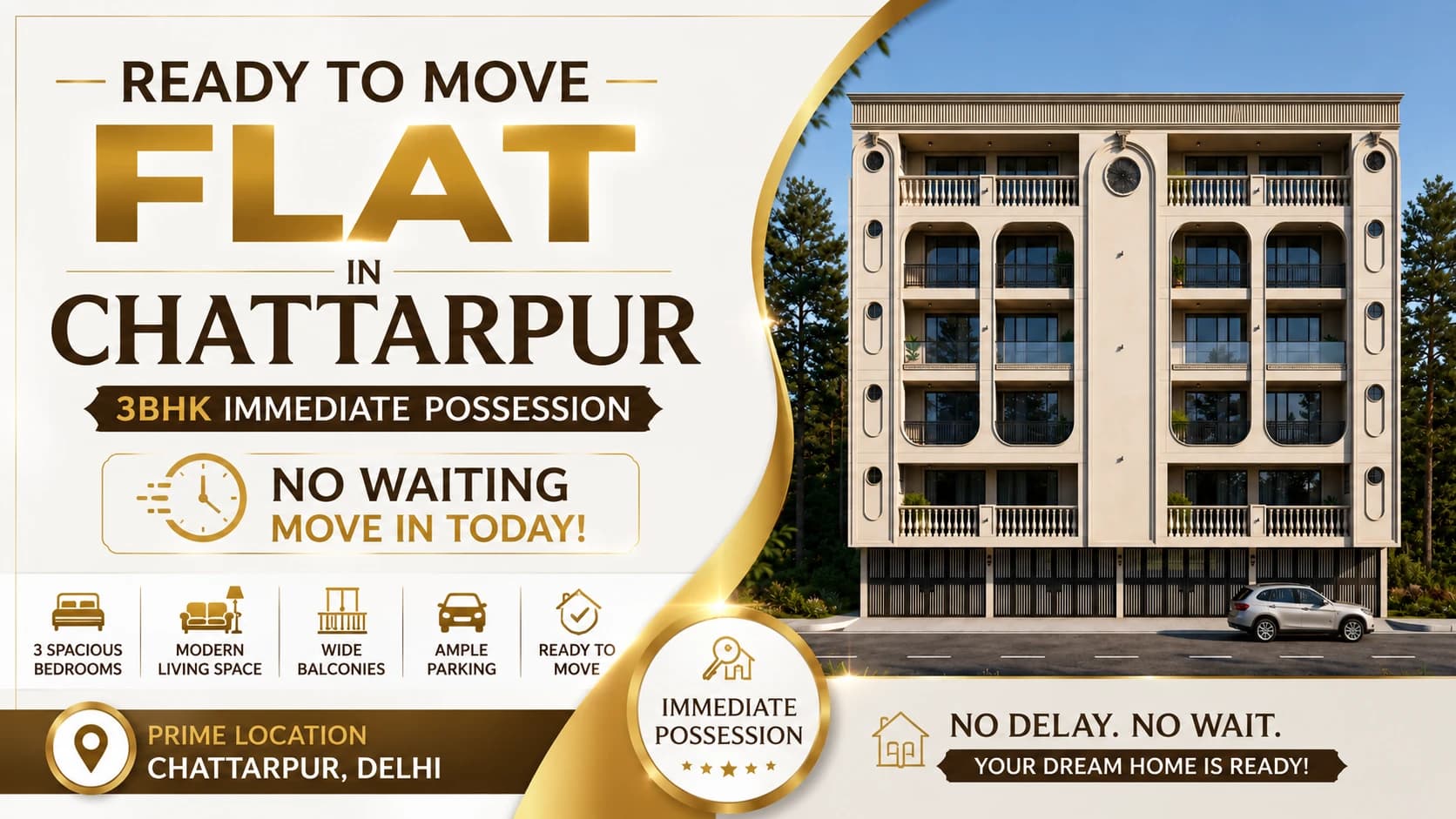 Ready to Move Flat in Chattarpur — 3BHK Immediate Possession, No Waiting
