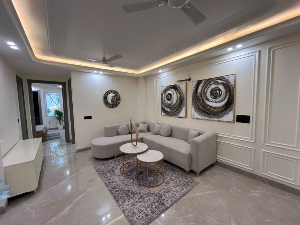 Living room with royal wainscoting wall paneling in 3 BHK flat Mandi South Delhi